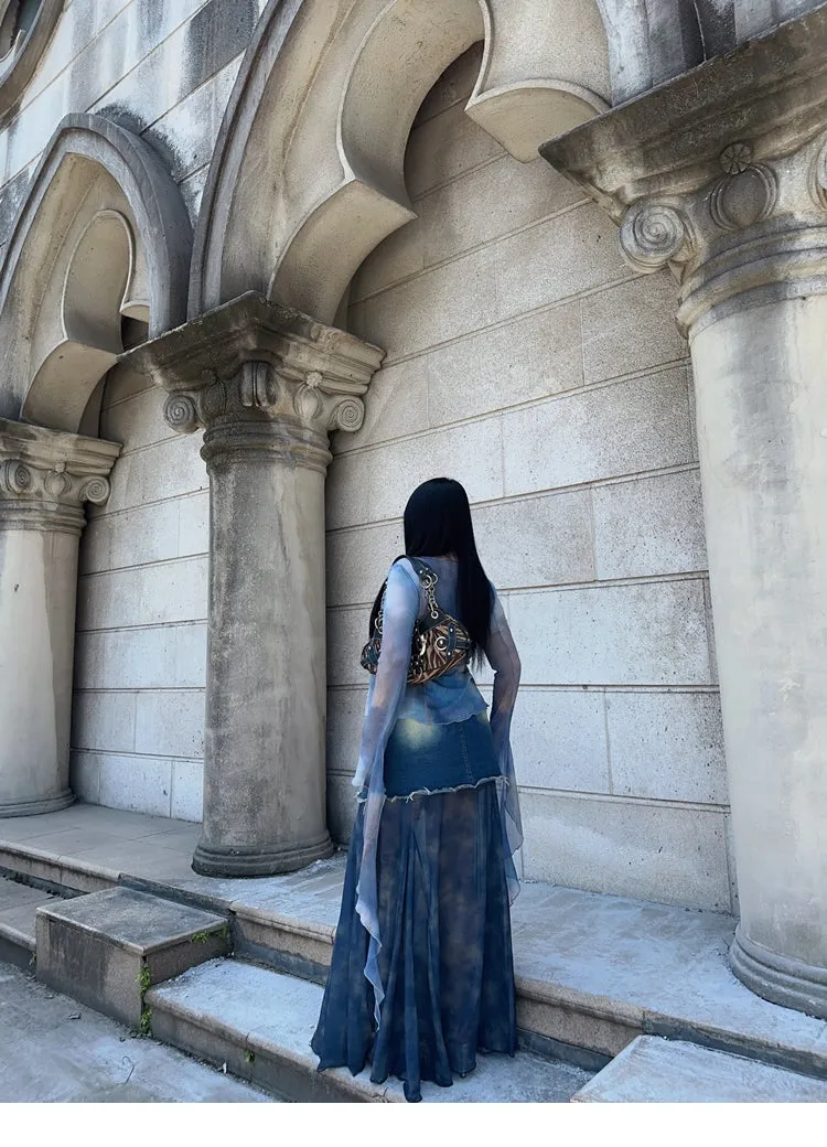 Bella Denim Blue French Vinntage Patchwork Dyed Chiffon Fishtail Long Skirt